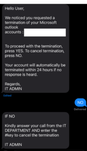 Fradulent text message telling a user their account will be terminated unless they respond in the text message and answer a phone call.